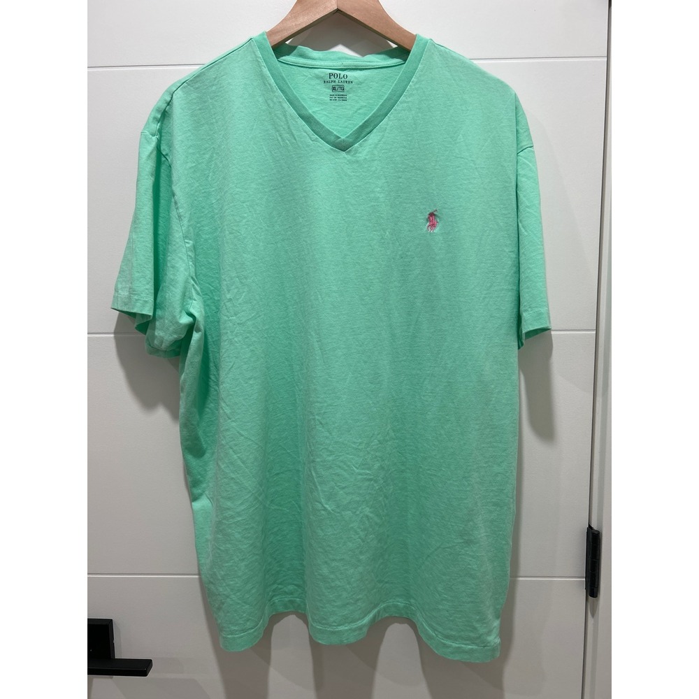 Polo Ralph Lauren Mens XL Mint Green V-Neck T-Shirt Pink Pony Logo Cotton Tee